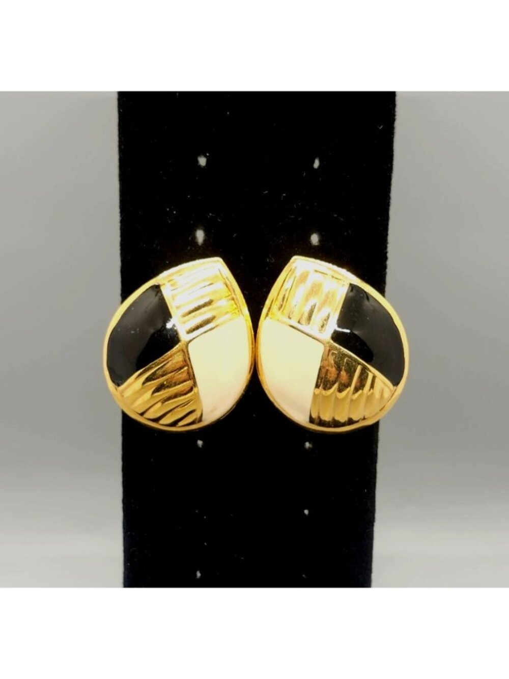 Gold & Black Geometric Post Earrings Vintage Style Textured & Glossy Finish
